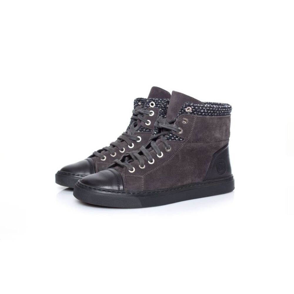 Chanel, high top cc logo tennis sneakers with tweed